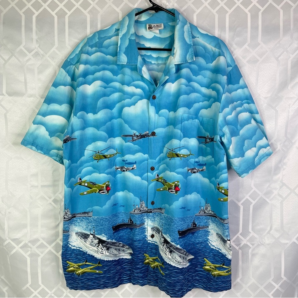 Aloha Republic Military Naval Battleship Cloud Print Hawaiian Men’s Shirt 2XL